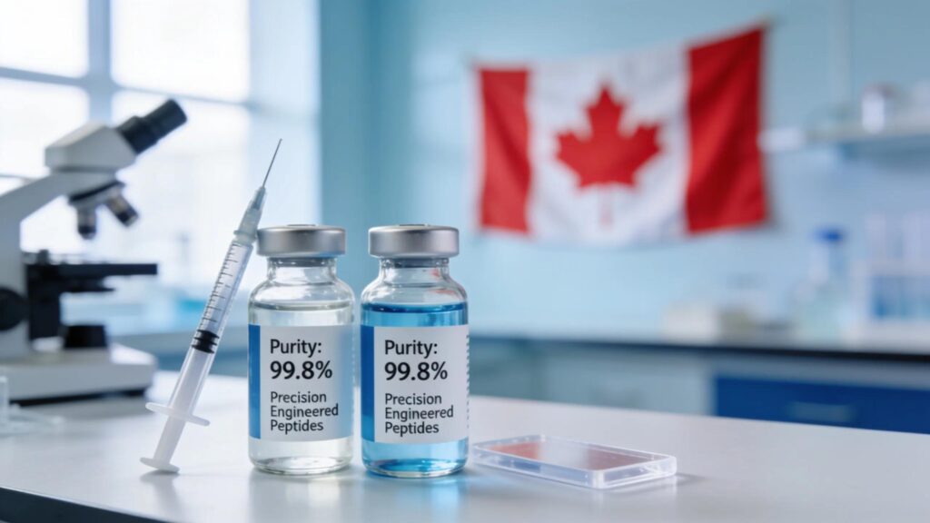 High-quality research peptides displayed in a laboratory setting emphasizing purity and Canadian origin