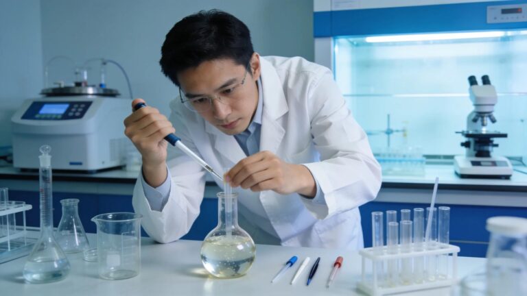 Scientist measuring reagents for custom peptide synthesis in a well-equipped laboratory