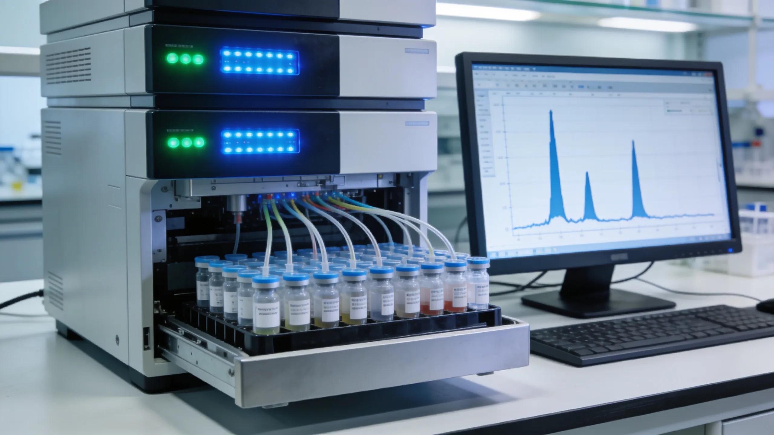 High-performance liquid chromatography (HPLC) setup analyzing peptide samples in a laboratory