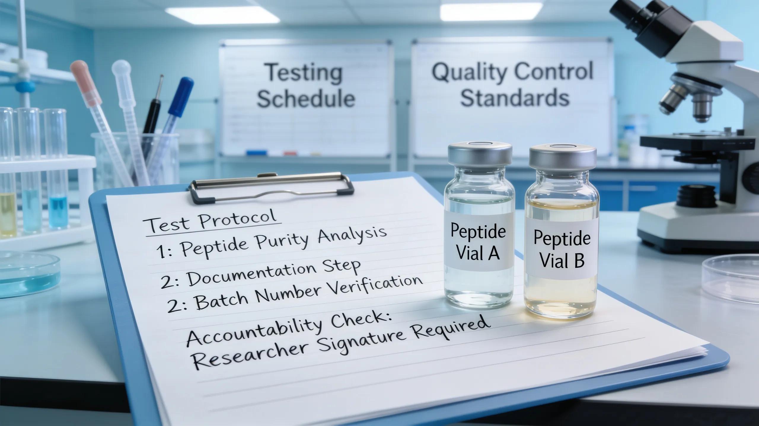 Illustration of compliance documentation alongside peptide vials in a scientific research setting