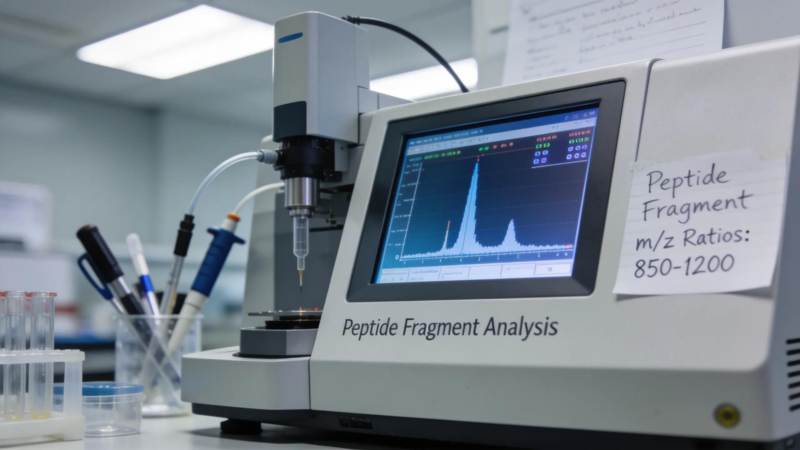Mass spectrometer in operation analyzing peptides with digital output displayed in laboratory