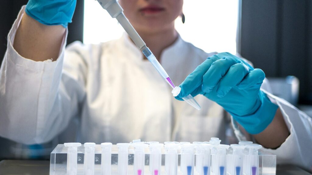 KLOW Peptide Blend: What's Inside and What the Research Shows 1 Scientist using a pipette over a rack of test tubes in a research laboratory