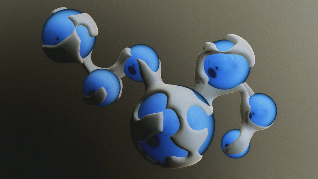 Peptides vs Small Molecules: What Actually Differs in the Lab 1 Abstract 3D render of a molecule: blue spheres connected by white organic shapes