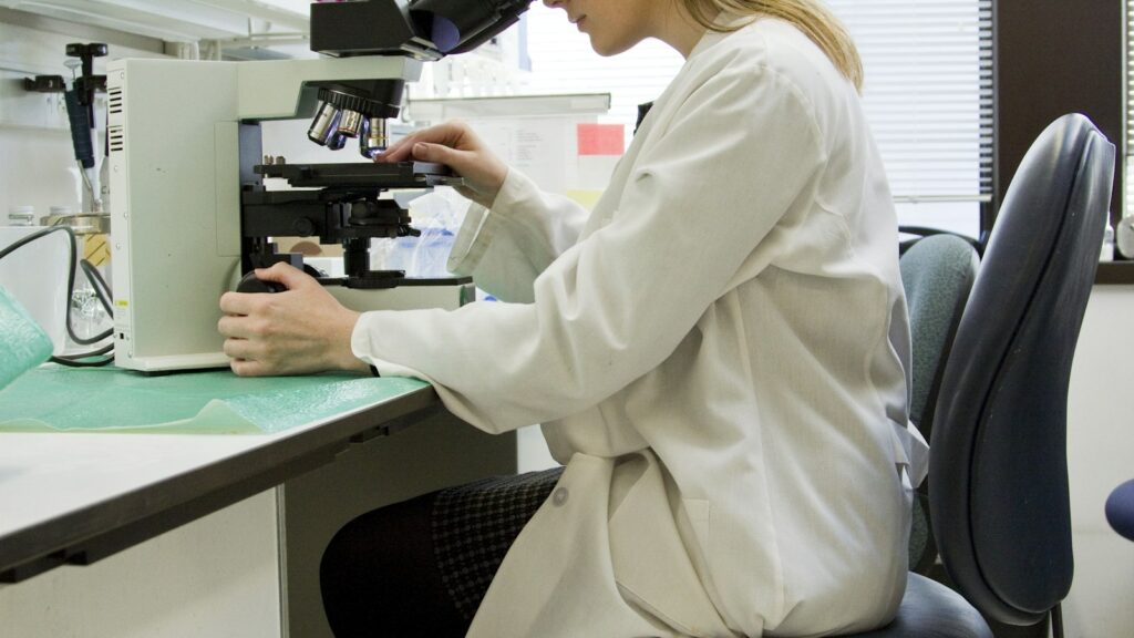 Researcher working at a laboratory bench