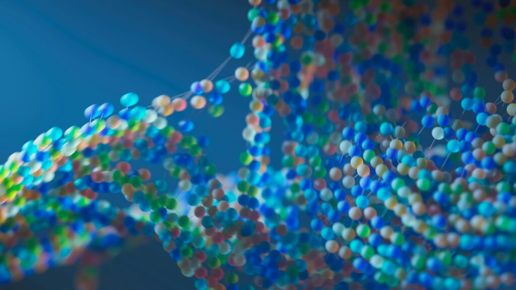 Artist's illustration of protein folding resembling a close-up of a blue and green structure