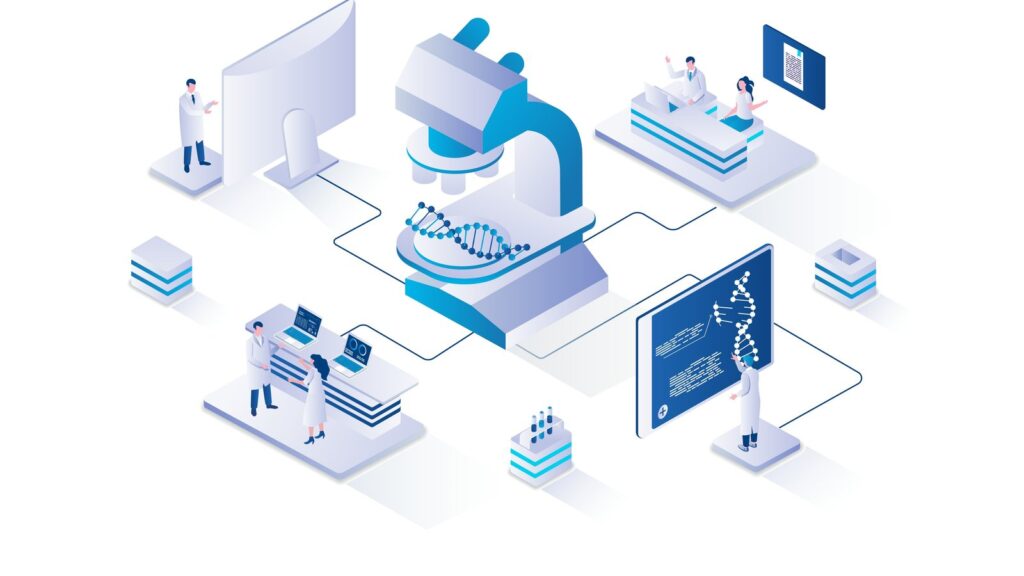 Illustration of scientists researching with a microscope and a DNA double helix